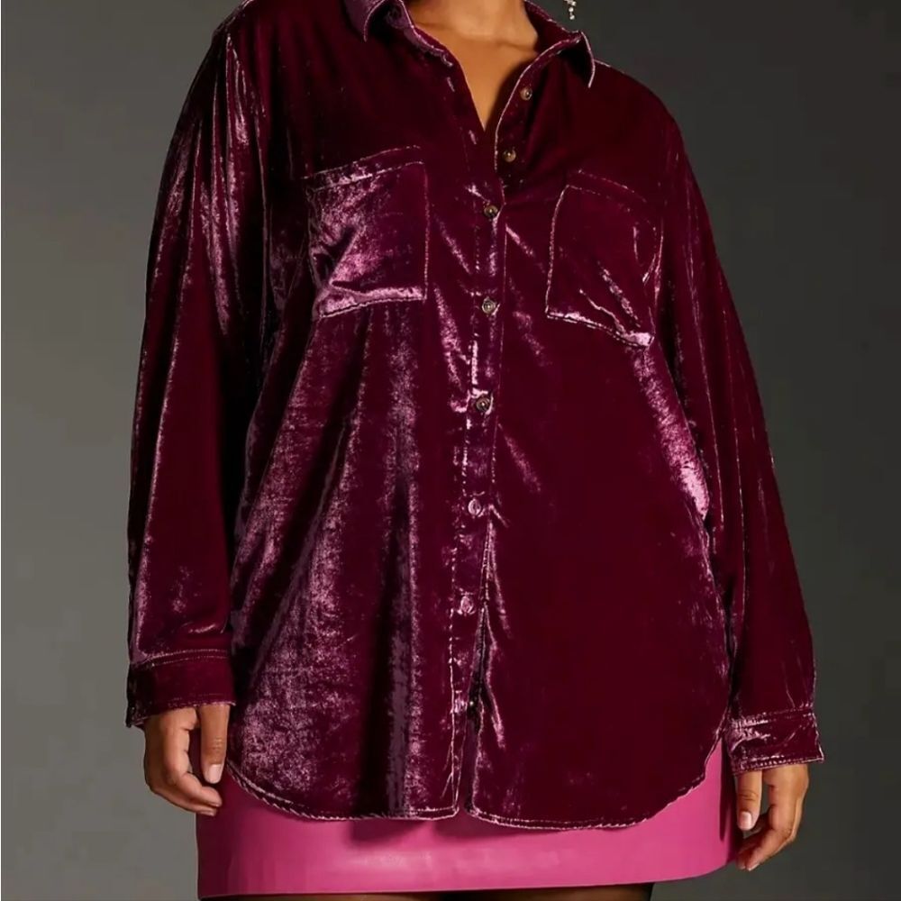 Anthropologie Pilcro Crushed Raspberry Velvet Button Classic Shirt XXS OVERSIZED